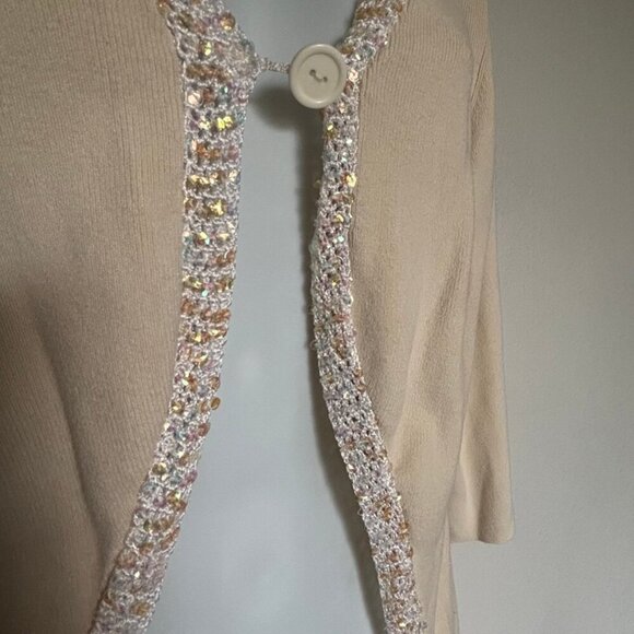 Used CDP & CO. Cream Sweater w/white trim & iridescent sequins on trim - Picture 2 of 5
